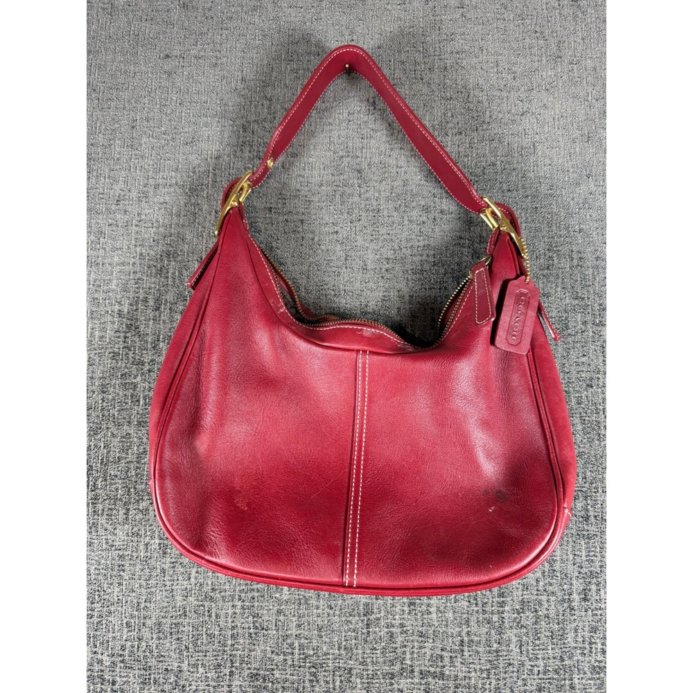 Coach Ergo Red Leather Hobo Shoulder Bag White Stitching 9544